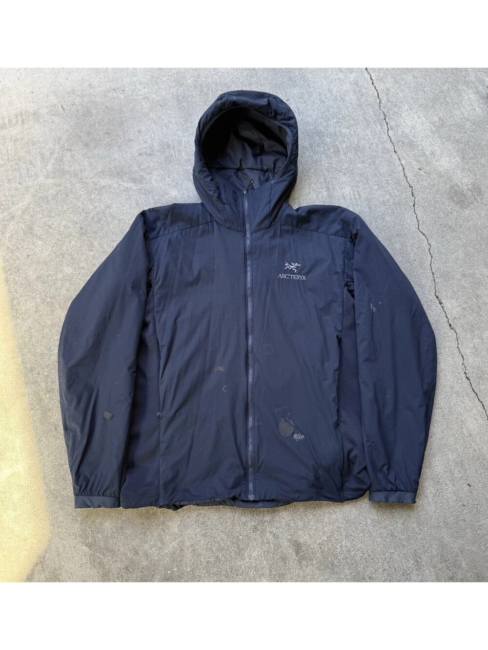 ARC'TERYX ATOM LT Men's Large Hoodie Full Zip Jacket, Navy Blue Distressed